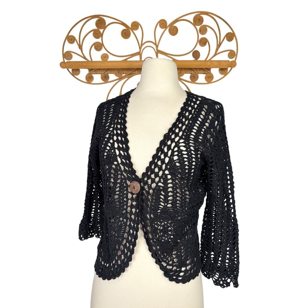 Vintage Faded Glory women's 90's black crochet cardigan button front M